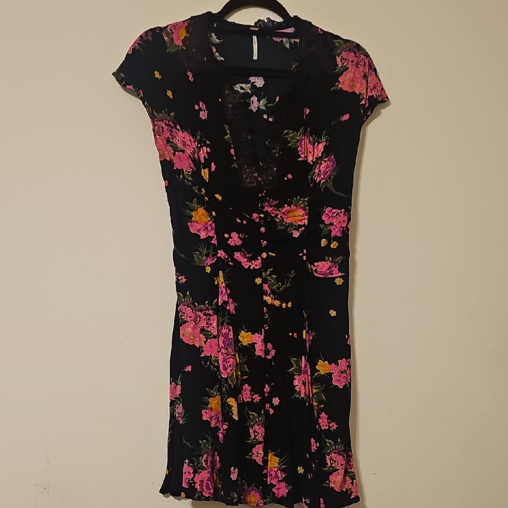 Free People Black and Pink Floral Mini Dress